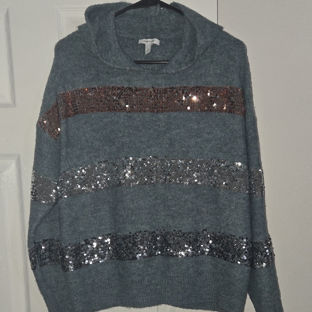 Nine West Gray Sequin Striped Sweater